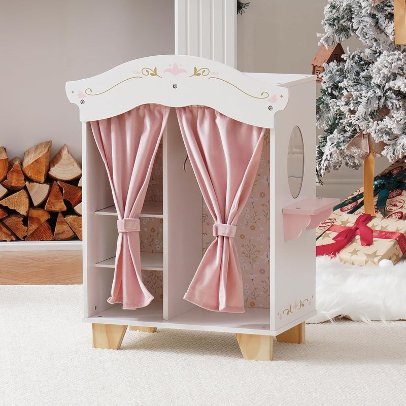 ROBUD Wooden Play Armoire Closet for Dolls, Doll Closet Furniture Wardrobe with 5 Hangers, Mirror, Velvet Curtains, Fit for 16-20in American Girl Doll Clothes, Gift for Boys & Girls, 3+ - Image 2